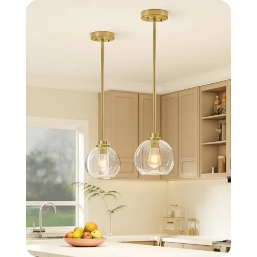 Pendant Light Fixtures with Clear Glass Globe Shade, Kitchen Hanging Lighting Over Island, Hardwired Adjustable
