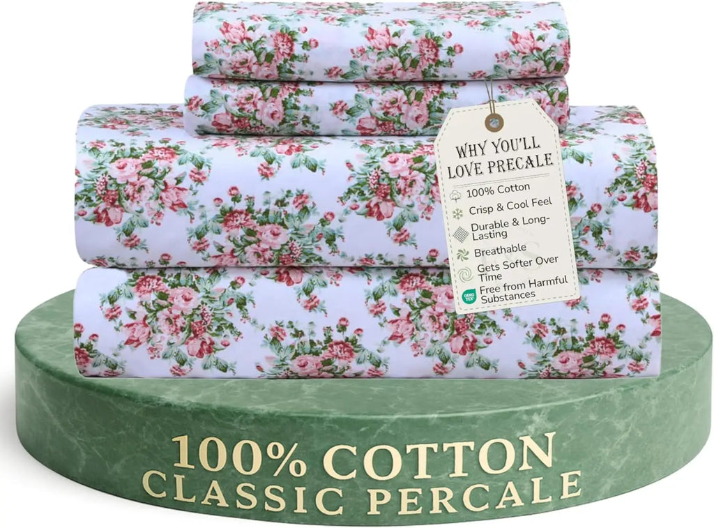 Soft 100% Cotton Percale Sheets, 300 Thread Count Bed Set with 16" Deep Pocket, Cooling Breathable Bedding for All Seasons, Twin