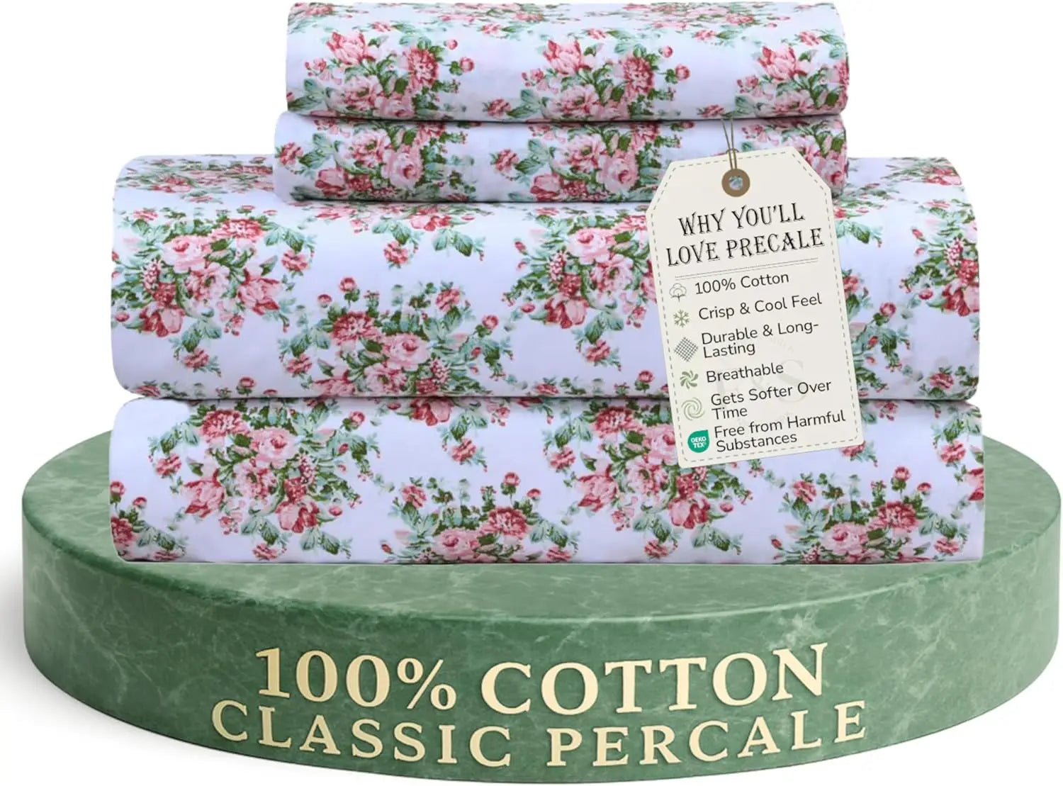 Soft 100% Cotton Percale Sheets, 300 Thread Count Bed Set with 16" Deep Pocket, Cooling Breathable Bedding for All Seasons, Twin