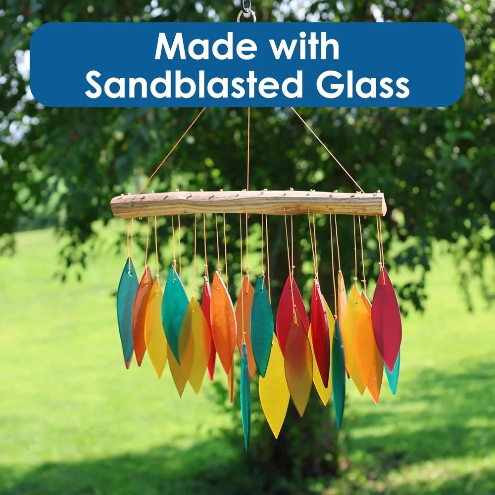 Handcrafted Sandblasted Glass Leaves Wind Chime | Southwestern Teal, Terracotta, Mustard, Burgundy | Driftwood Top