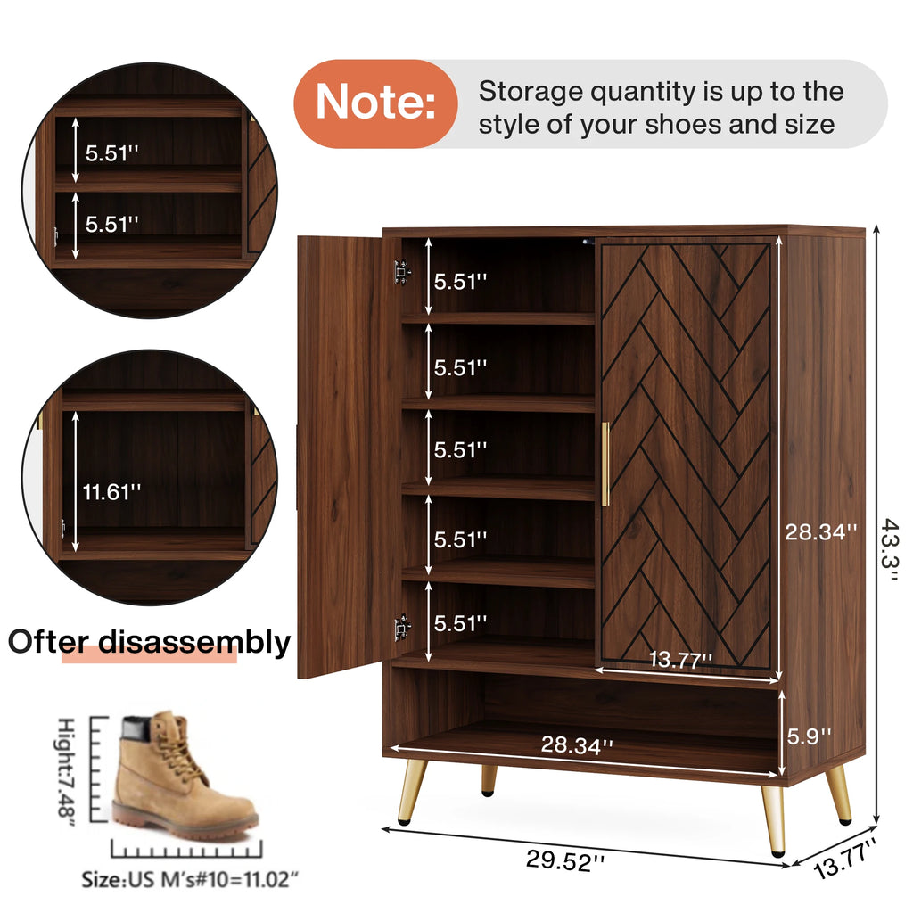 6-Tier Shoe Cabinet with Doors, Walnut Wooden with Adjustable Shelves for Entryway