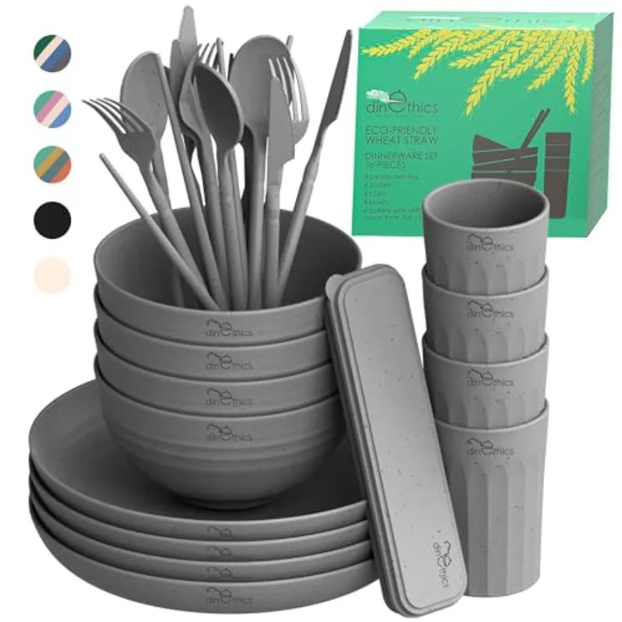 Wheat Straw Dinnerware Sets For 4 - Camping Plates Cups And Bowls Set - Dishwasher Microwave Safe Dishes