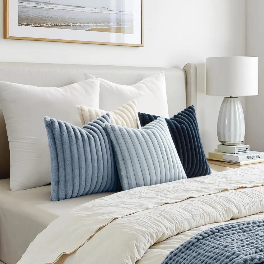 Throw Pillow Covers 18x18 Set of 4, Soft Fuzzy Striped