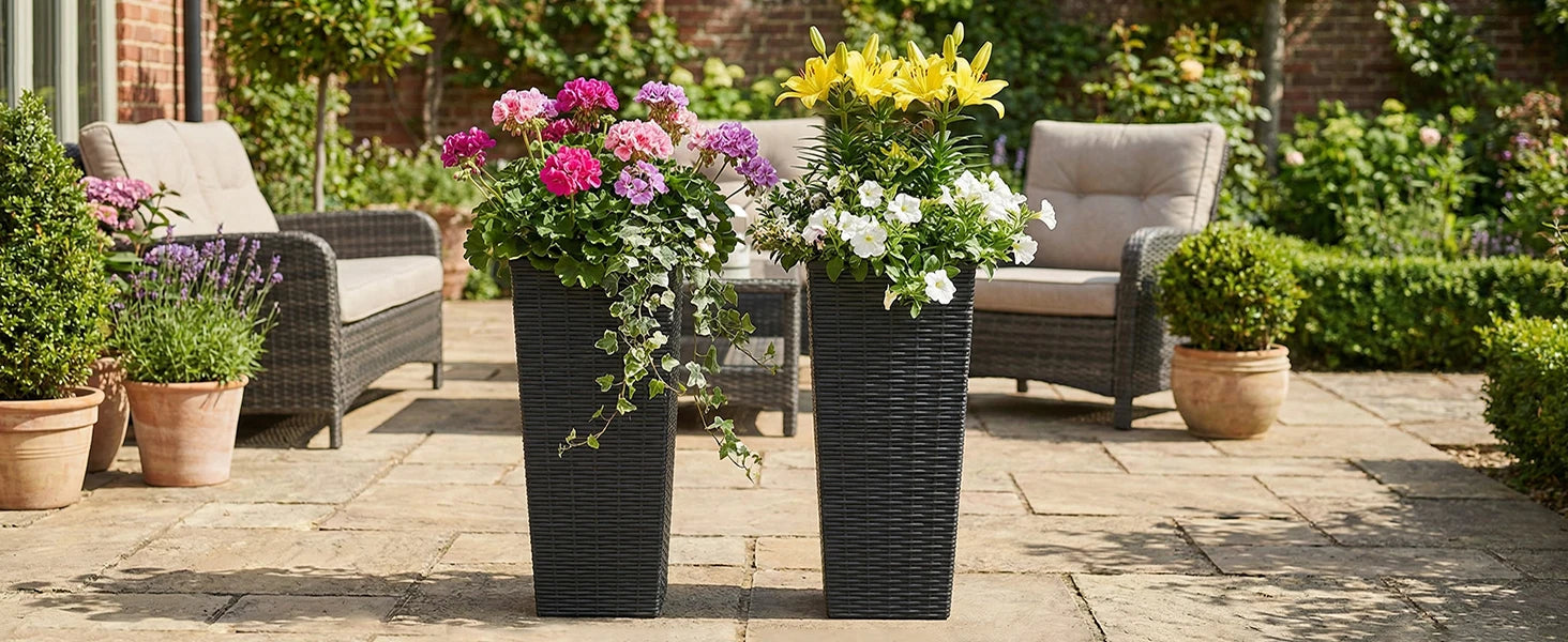 Resin Tall Plant Pots Large Tapered Flower Pots with Drainage Holes Removable Inner Pot Rattan