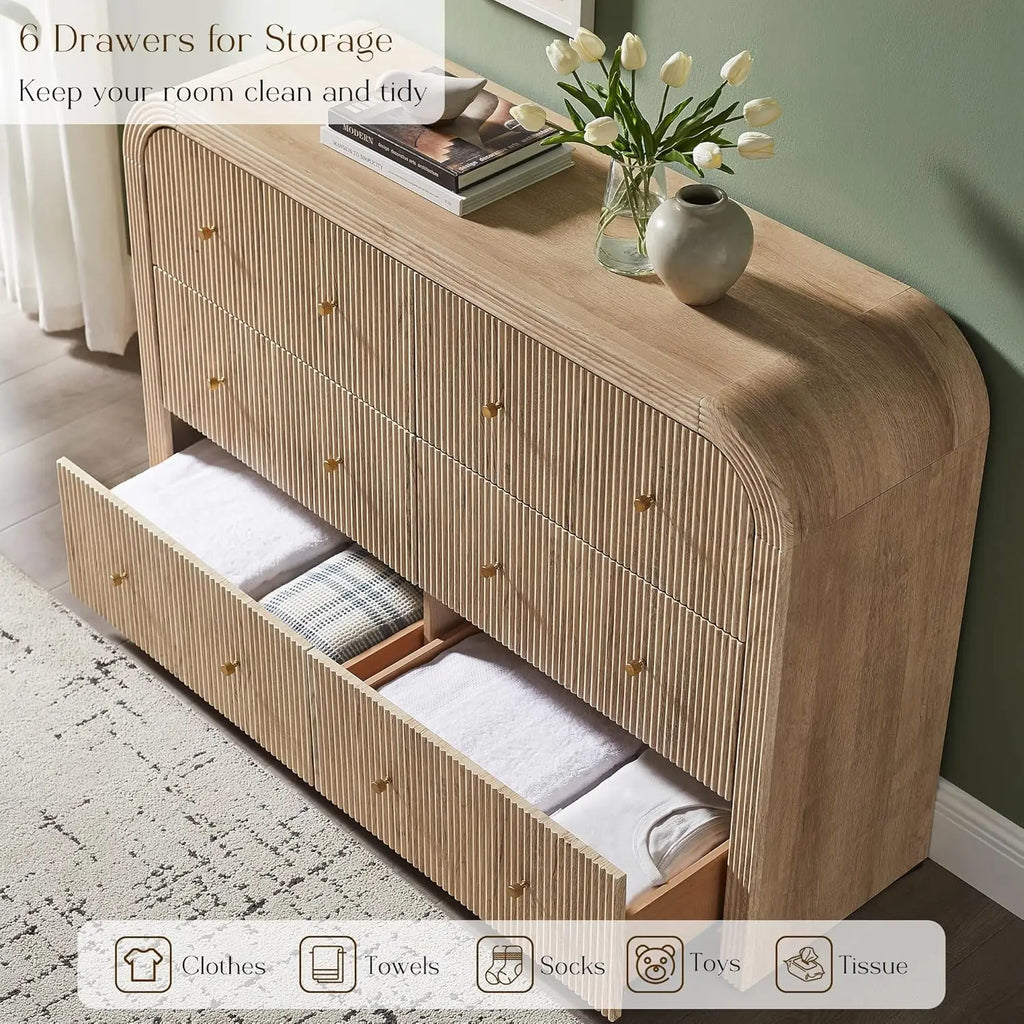 Fluted Wood, Wide, Curved 6 Drawer Dresser Bedroom 54in TV Stand Living Room Hallway Oak