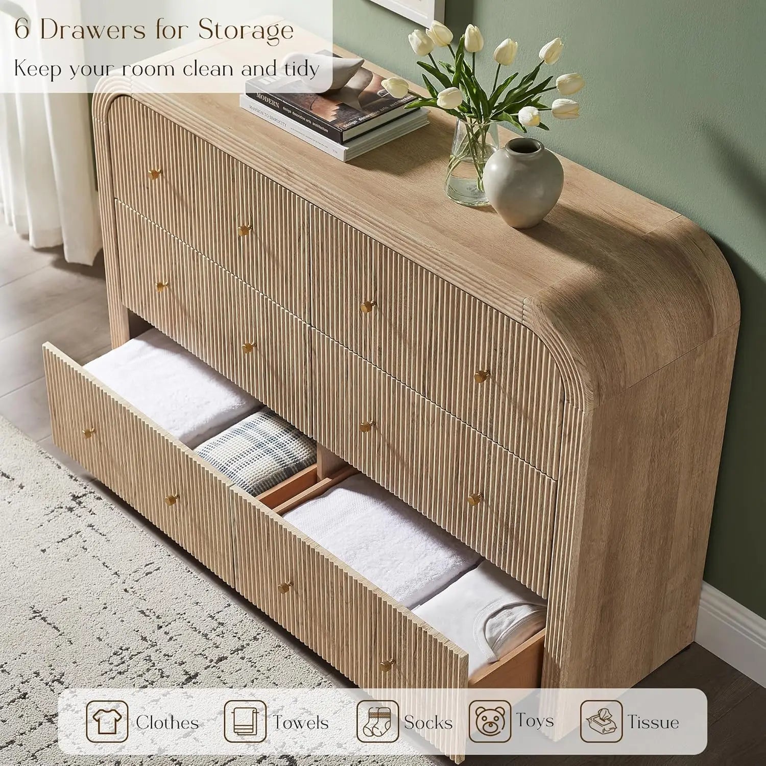 Fluted Wood, Wide, Curved 6 Drawer Dresser Bedroom 54in TV Stand Living Room Hallway Oak