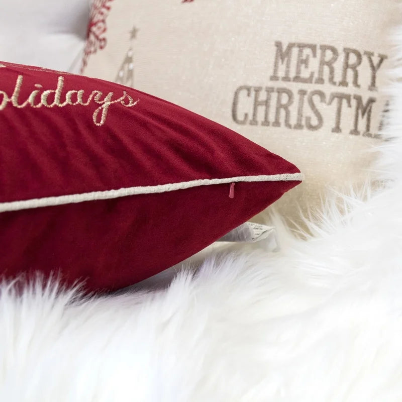 Red Velvet Holiday Throw Pillow 20x20" with Gold Embroidered Festive Design