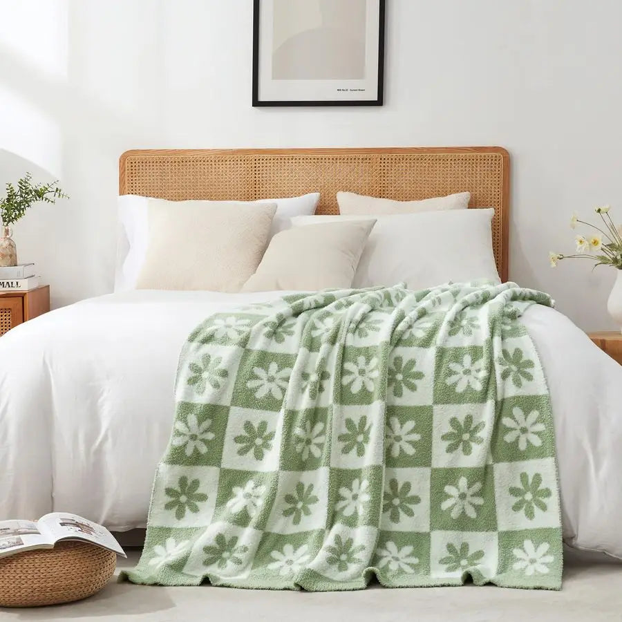 Checkered Blanket, Sage Green Flower Throw Blanket Microfiber