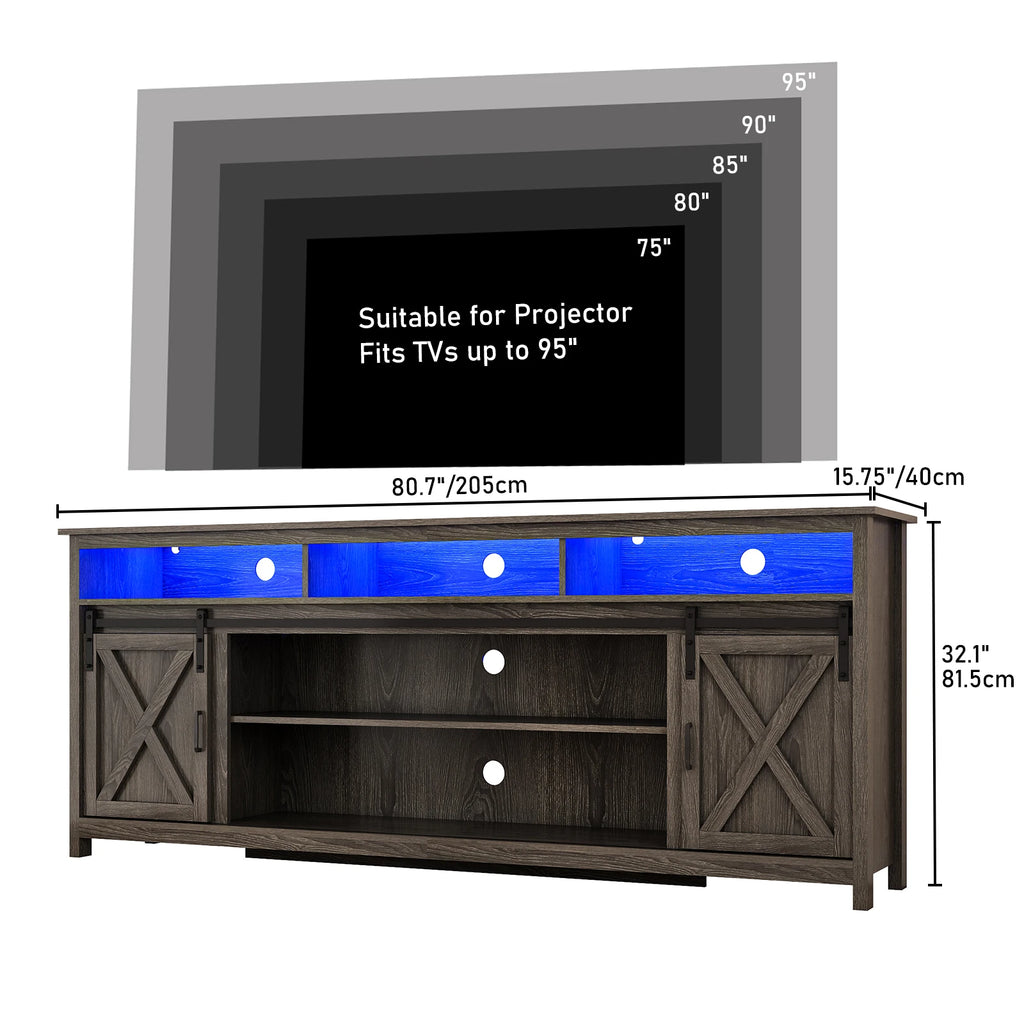TV Stand Farmhouse Cabinet Rustic Sliding Barn Door Storage Cabinet with Power Outlet & LED Light