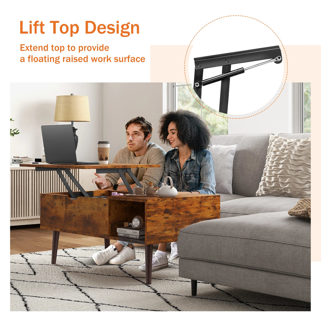 Lift Top Table 39.37"x19.7" Desk Tea Wood  Adjustable Storage Shelf Easy Lift Or Lower