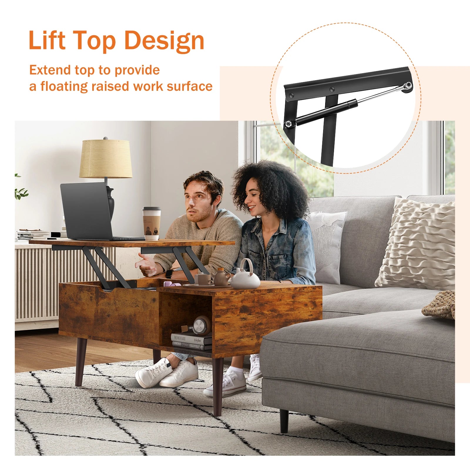 Lift Top Table 39.37"x19.7" Desk Tea Wood  Adjustable Storage Shelf Easy Lift Or Lower