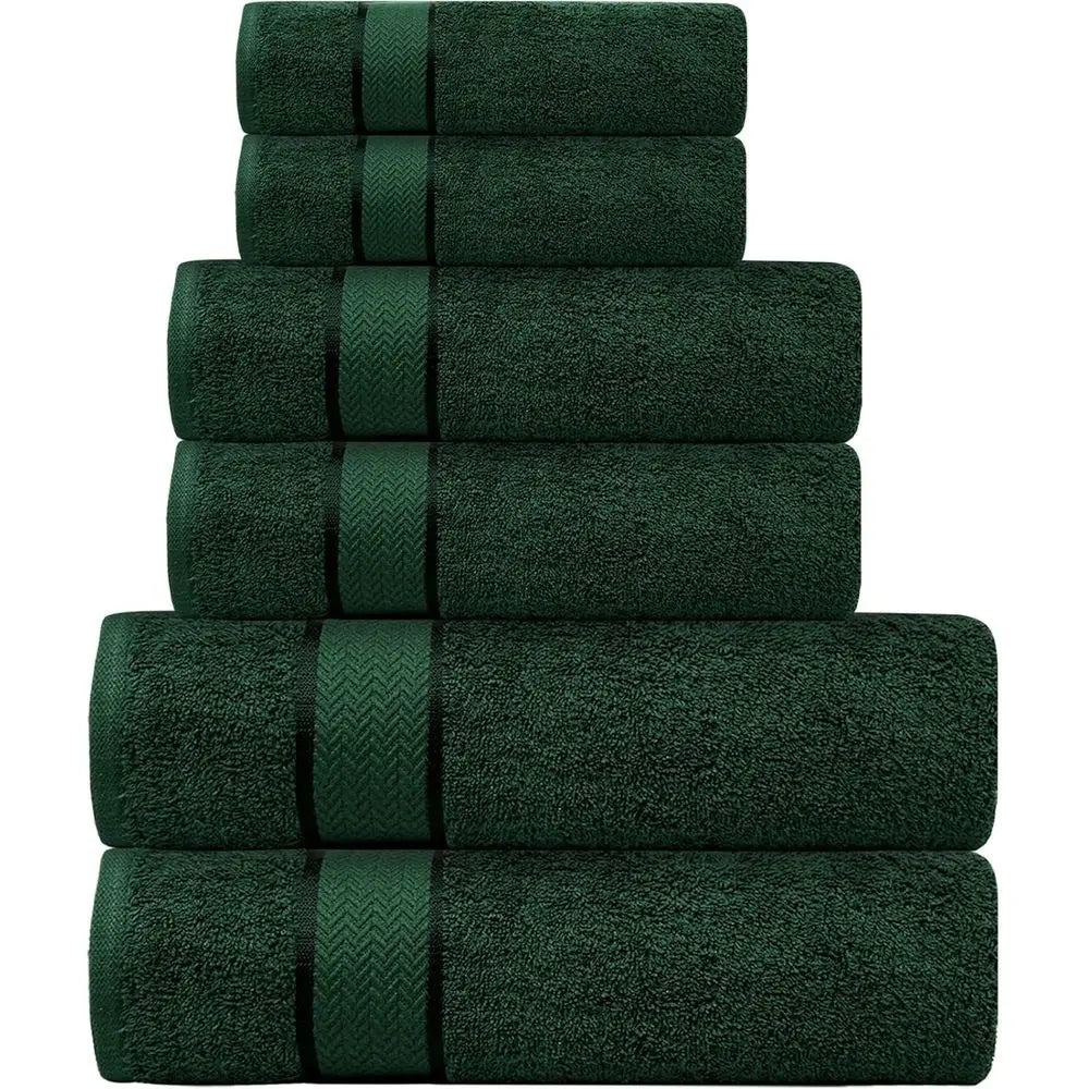 6-Piece Cotton Bath Towel Set - 2 Large Bath Towels, 2 Hand Towels, 2 Washcloths - Plush, Absorbent, Quick-Dry - Green/Forest