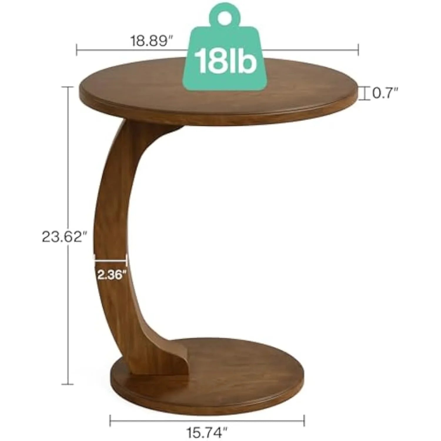 Round End/Side Table, Wooden C-Shaped End Table, Mid-Century Boho