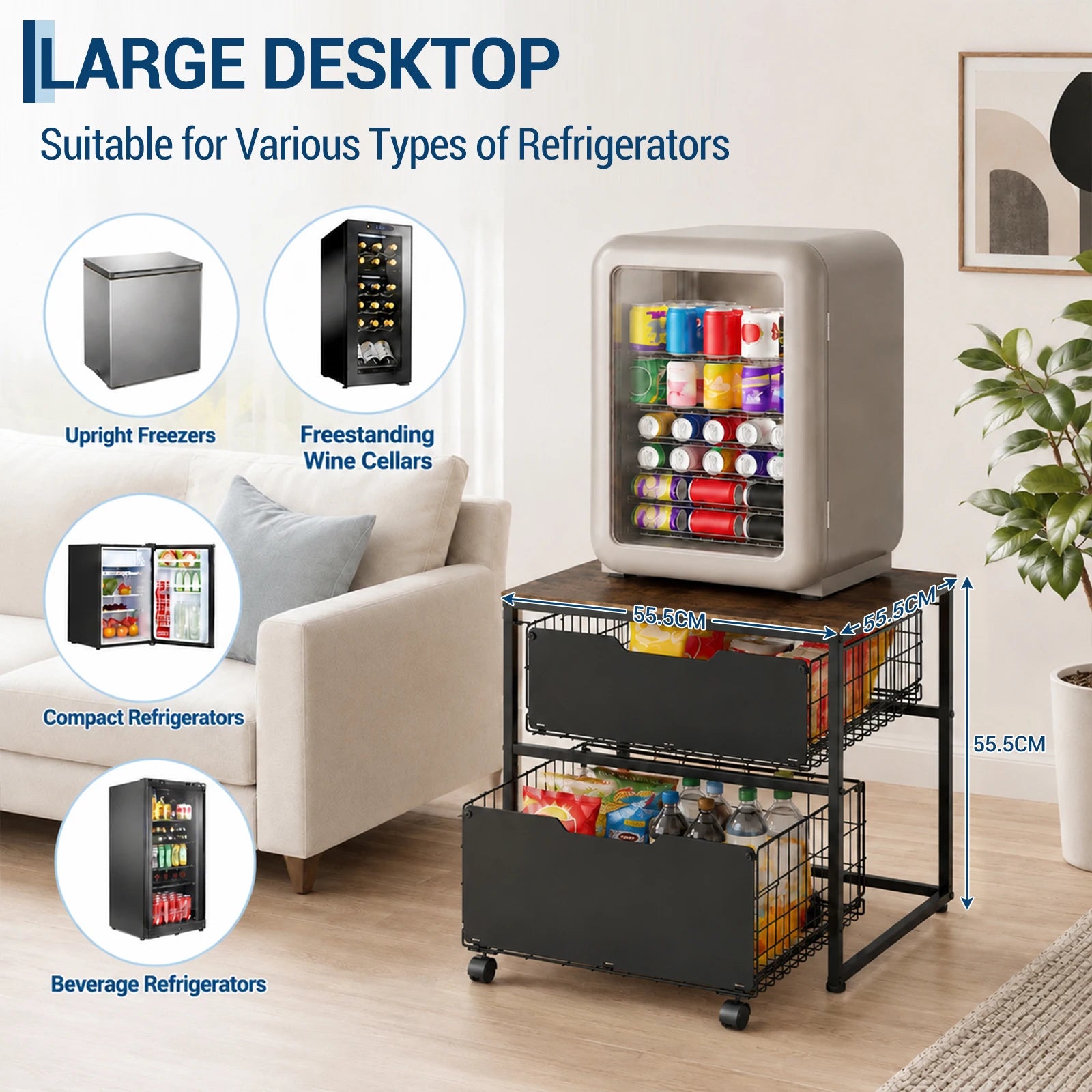 22x22IN Small Fridge Stand with Metal Storage Drawer Basket, Black | Table for Mini Fridge with Steel Frame and 4 Wheels, 300LBS Compact, Multi-Functional