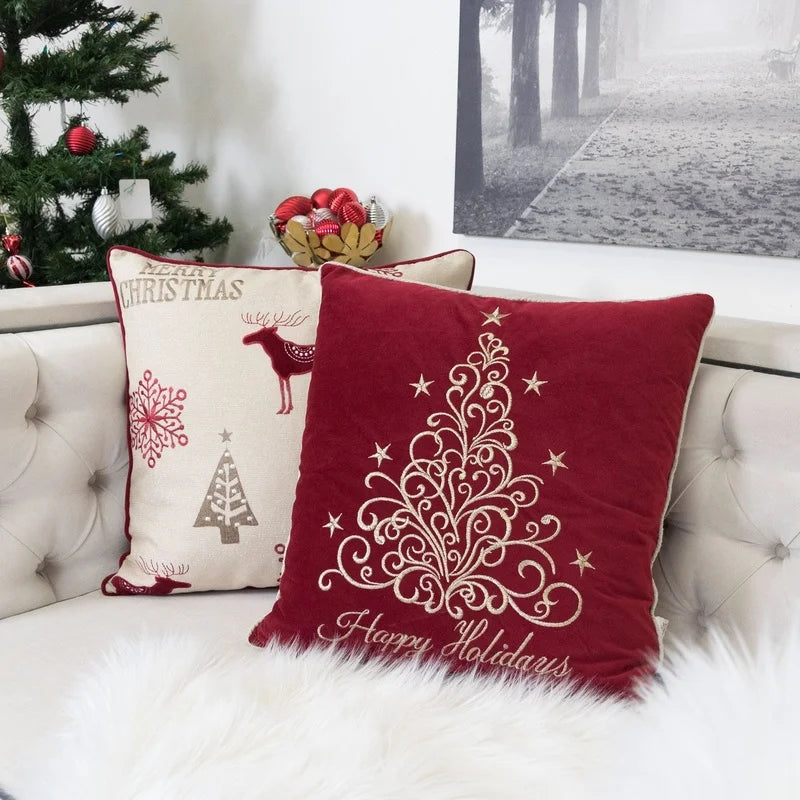 Red Velvet Holiday Throw Pillow 20x20" with Gold Embroidered Festive Design