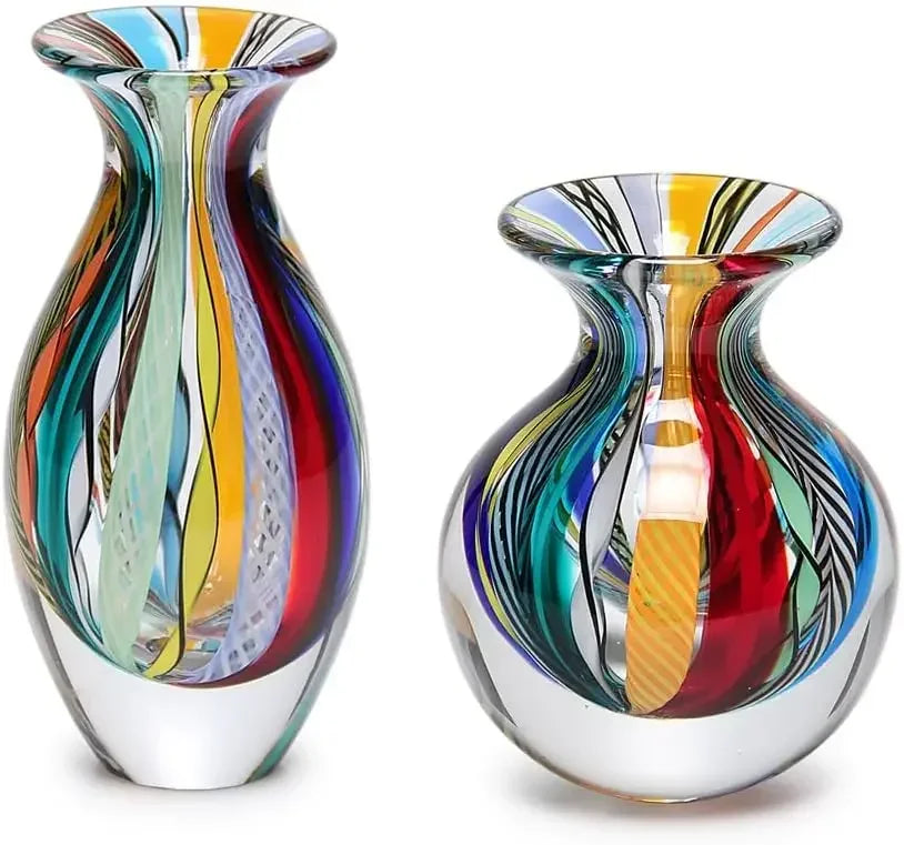 Pair Small Glass Vases Hand Blown Murano Style Art Glass Colored Canes Boho
