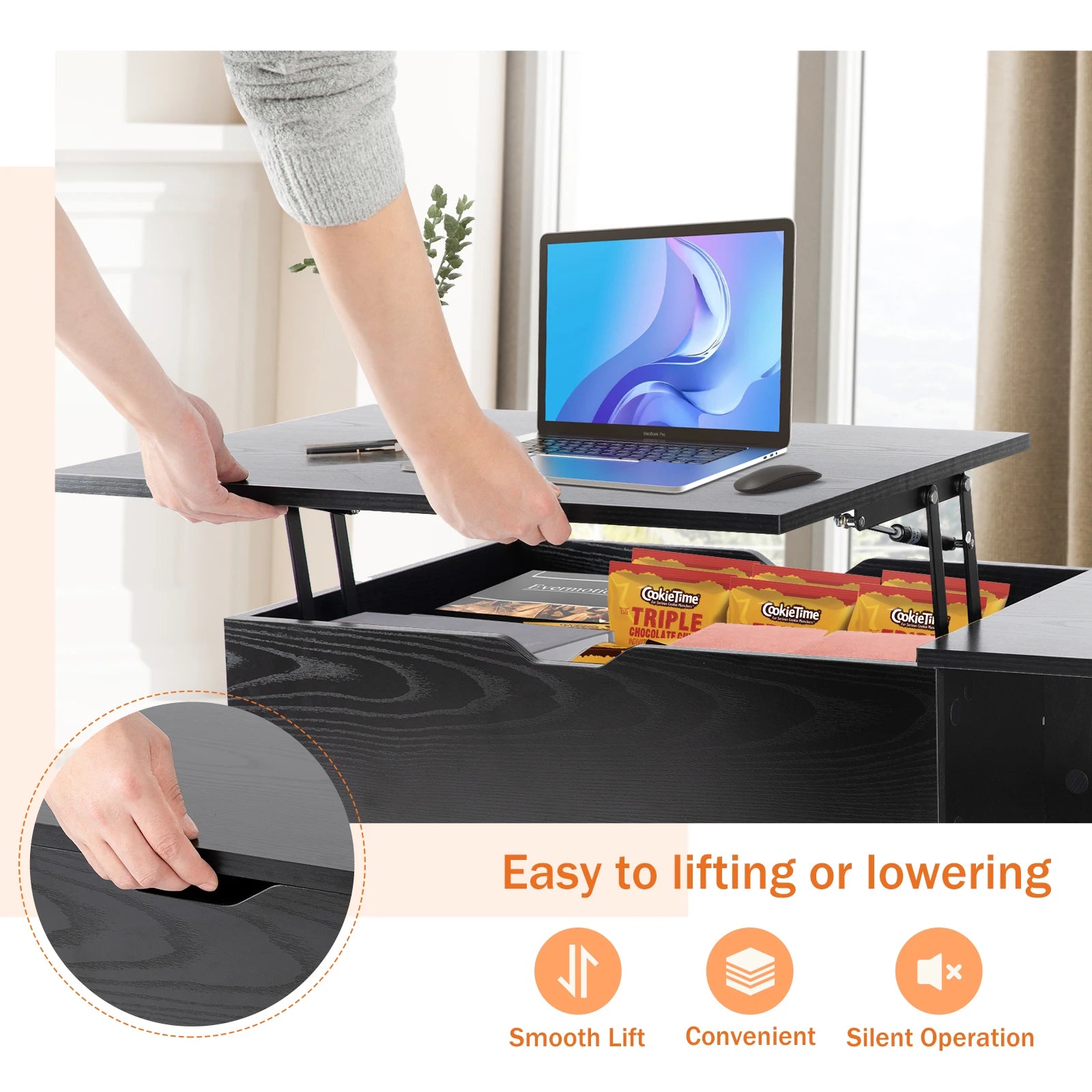 Lift Top Table 39.37"x19.7" Desk Tea Wood  Adjustable Storage Shelf Easy Lift Or Lower