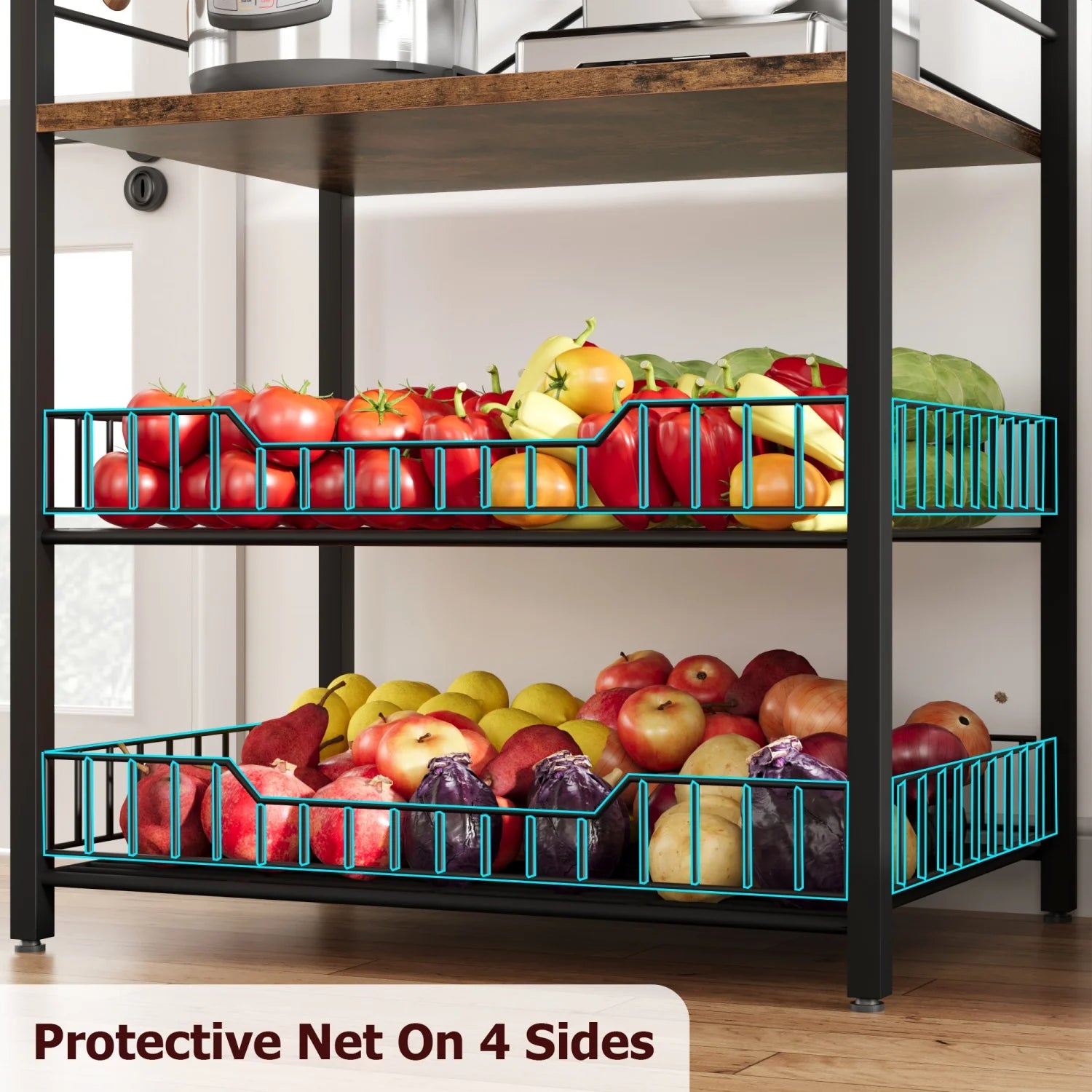 Kitchen Bakers Rack Microwave Oven Stand with 2 Large Wire Basket Industrial
