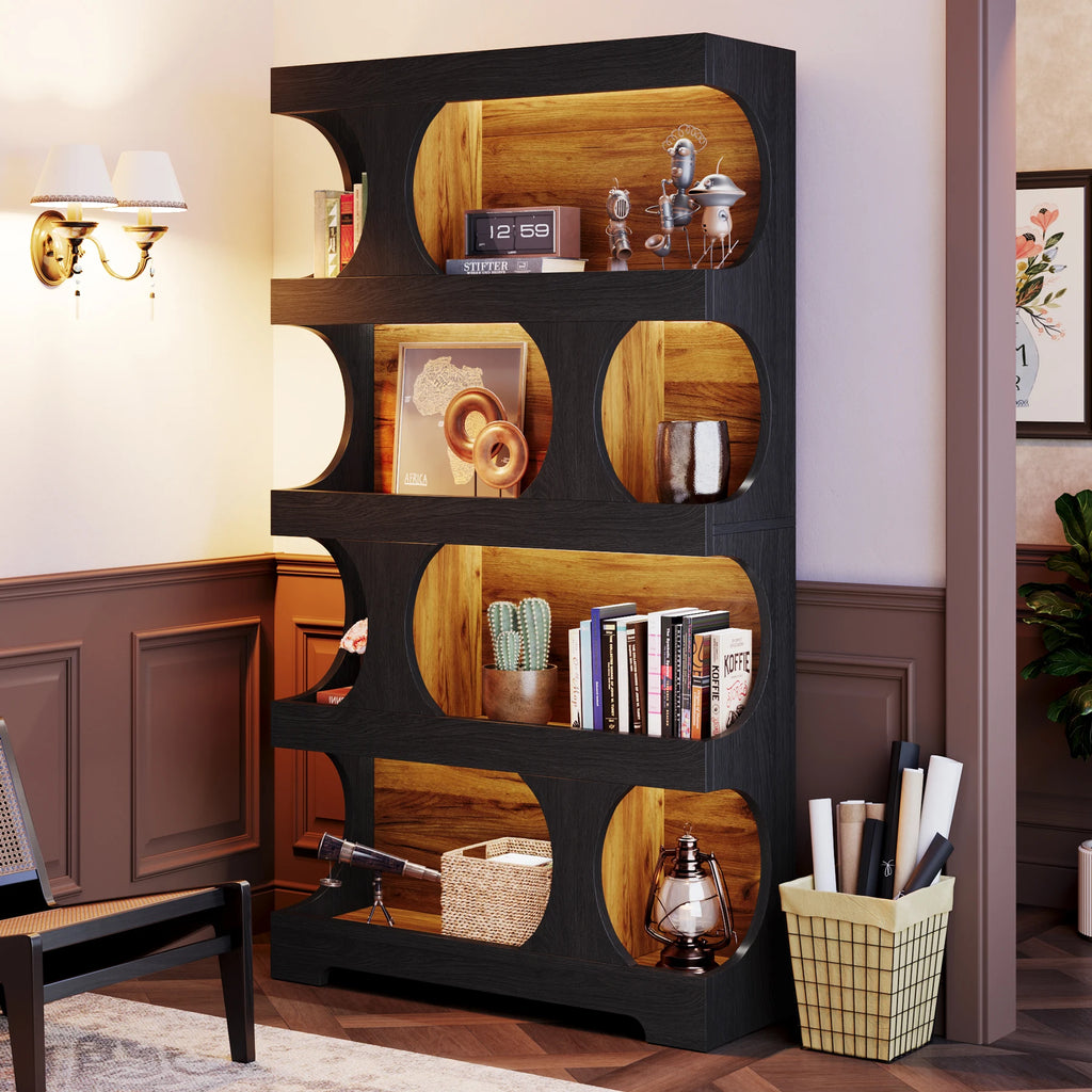 71" Tall 4 Tier S Shaped Bookcase Wood Decorative Storage Shelving, Modern Freestanding Display Shelves