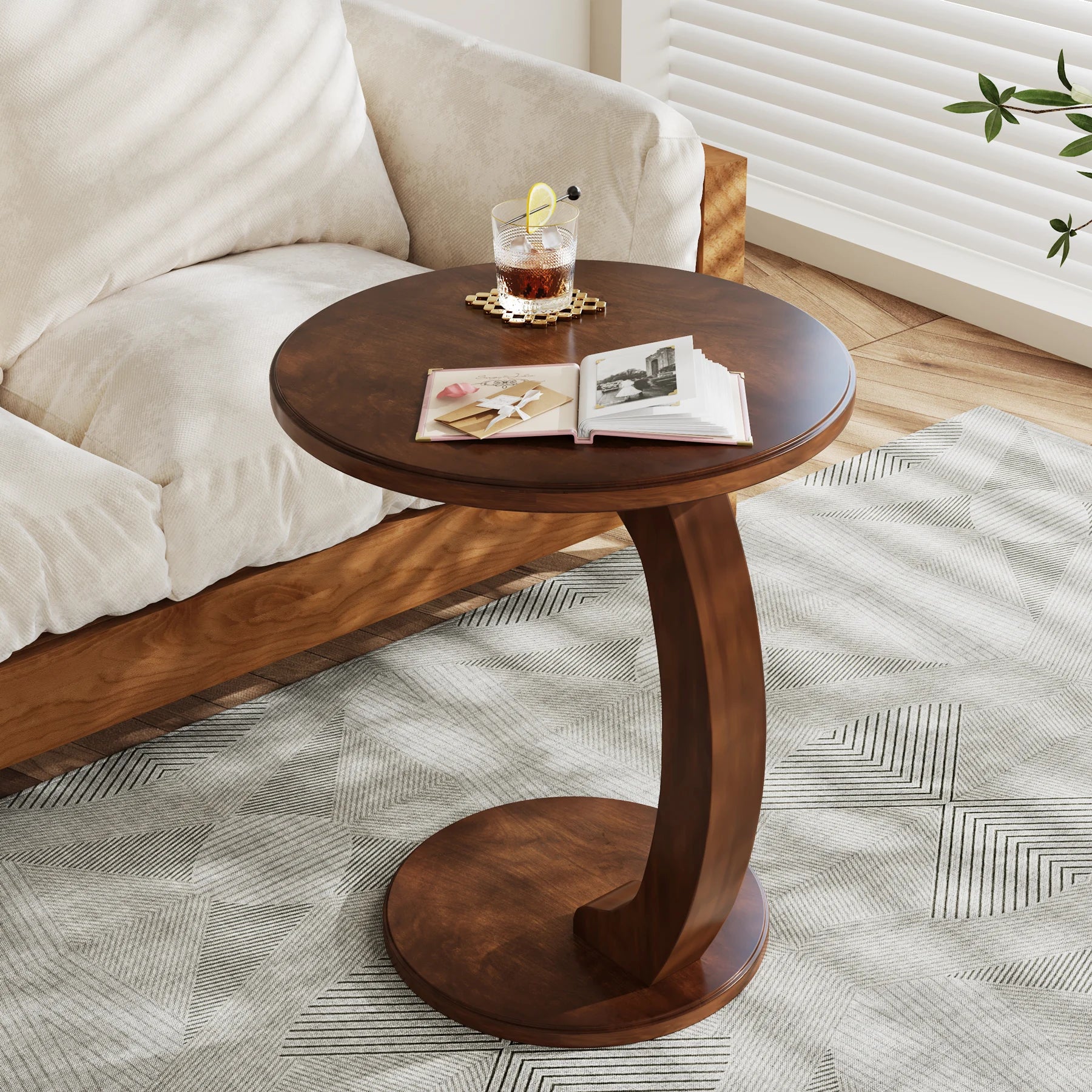 Round End Table, Wood C-Shaped Side Table,rer Mid-Century End Table, Retro Side Table
