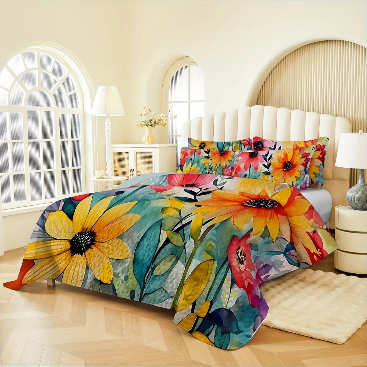 2/3pcs Floral Lightweight Comforter Quilt Set Queen King Twin Full Size Boho Soft Breathable Microfiber Reversible