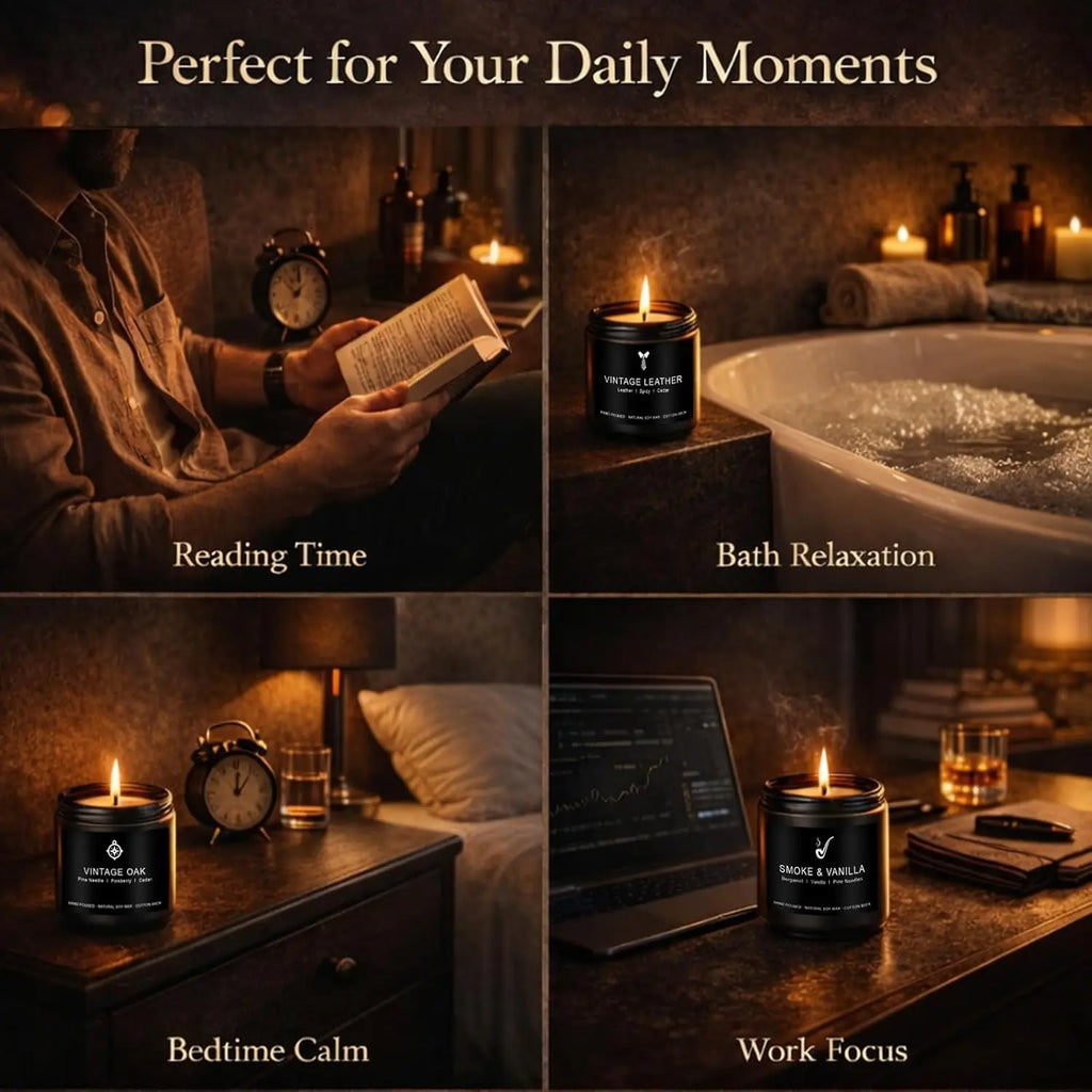 4-Pack Masculine Soy Candles for Men: Leather, Smoke, Oak & Lavender - 200hr Burn Time