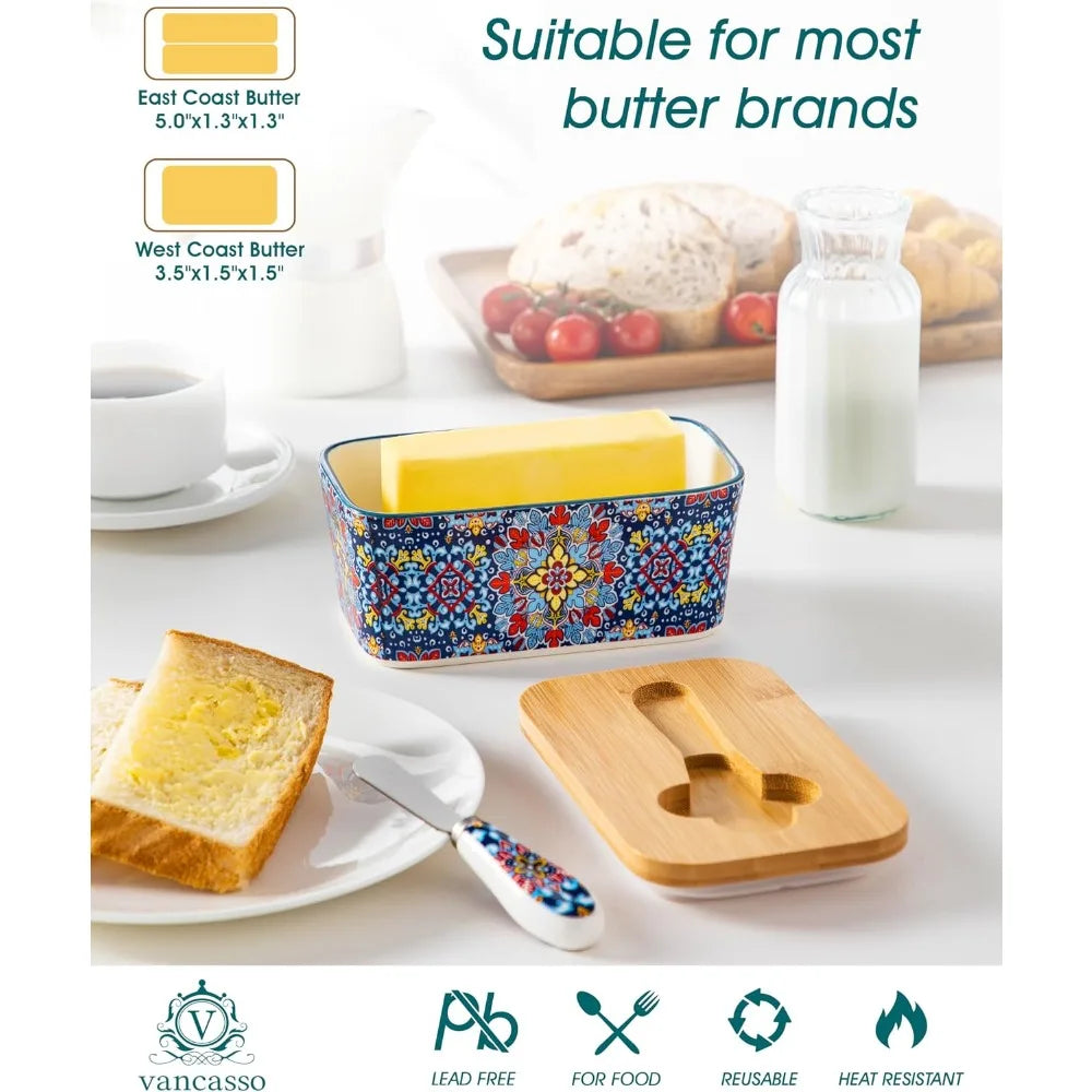 Bohemian Ceramic Butter Dish with  Bamboo Lid and knife , 6.5"