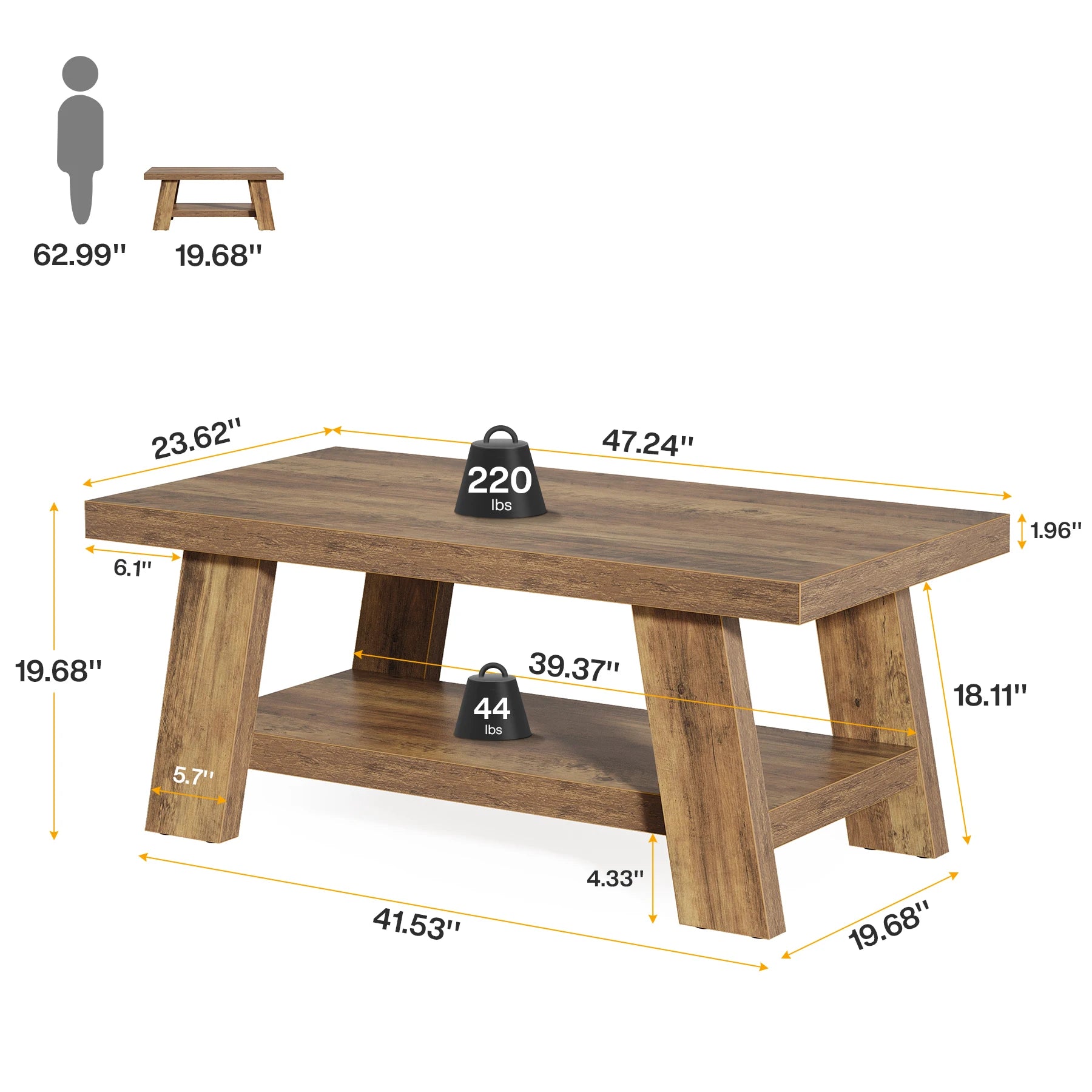 Tribesigns Rectangle Wood Farmhouse Table, Rustic  120 cm , 2-Tier