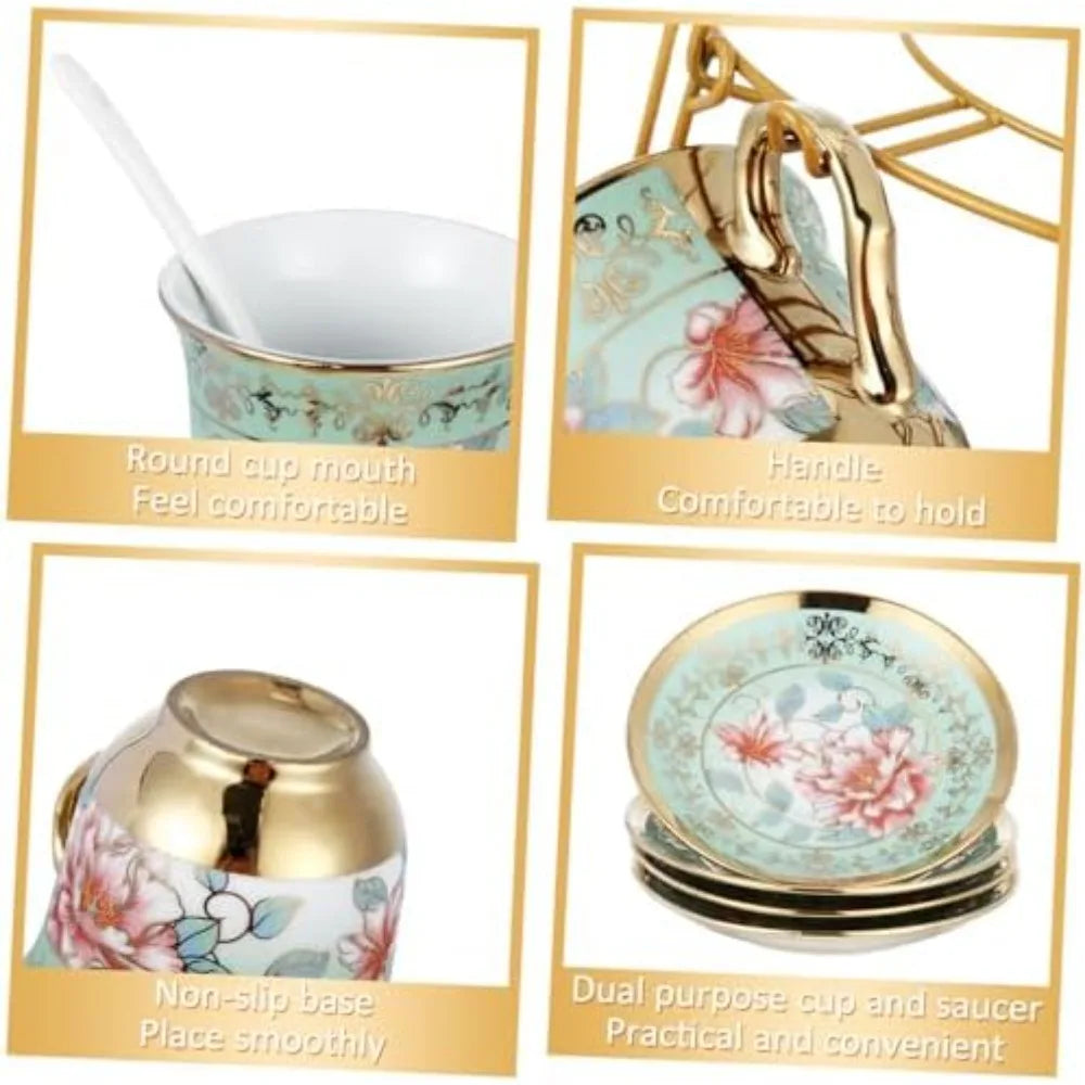 20 Pcs Porcelain Tea Set with Metal Holder and Spoon  European Flower Painting