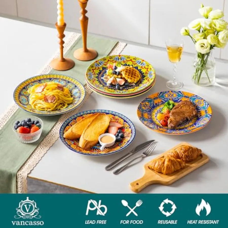 Colorful Dinner Plates Set of 6, 10.5 Inch Ceramic  Bohemian Dishes for Microwave and Dishwasher
