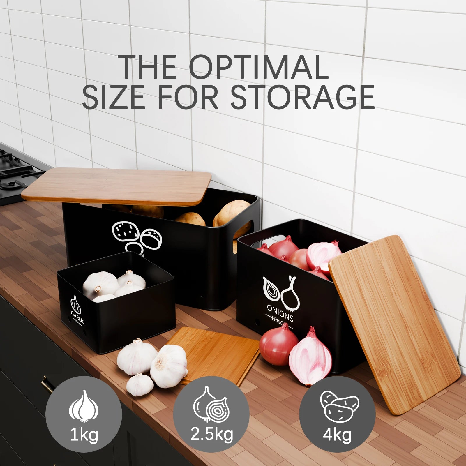 3-Piece Vegetable Storage Box Set, Potato, Onion and Garlic  Kitchen Countertops, With Lid Metal