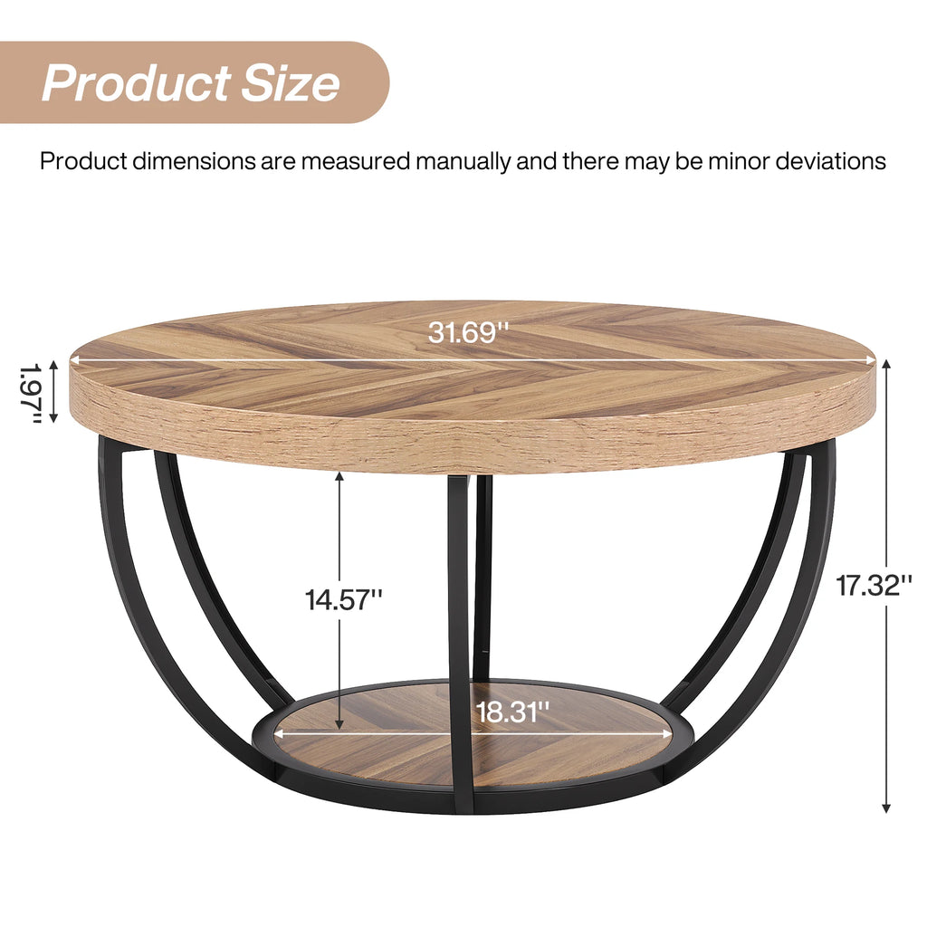 31.7" Round Table, Industrial 2-Tier Circle with Storage Shelves, Modern Wooden Accent Center Tab