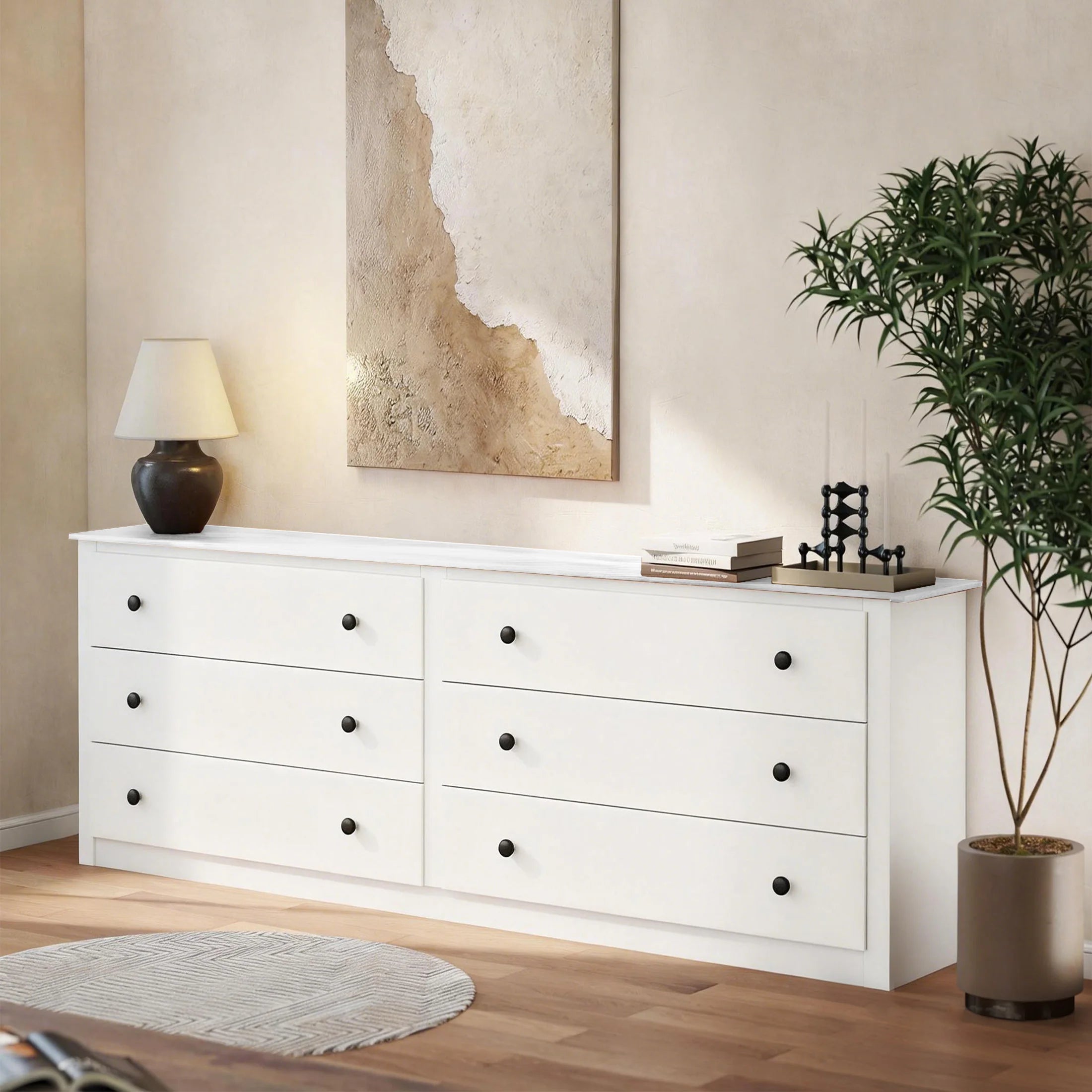 59IN Wood 6 Dresser Drawers Cabinet Stable Structure Storage Wide Chest of Drawers