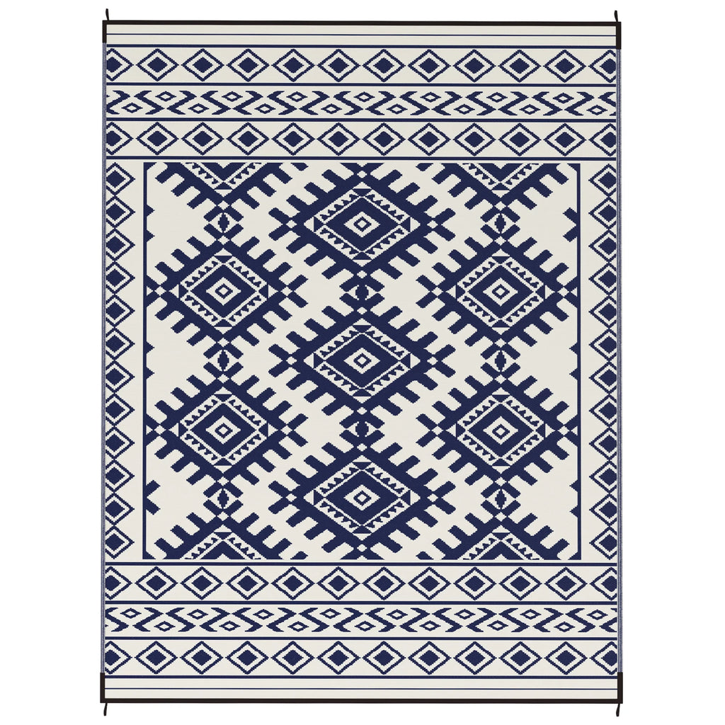 Outdoor Rug, 9' x 12' Floor Mat, Blue White Rhombus Border