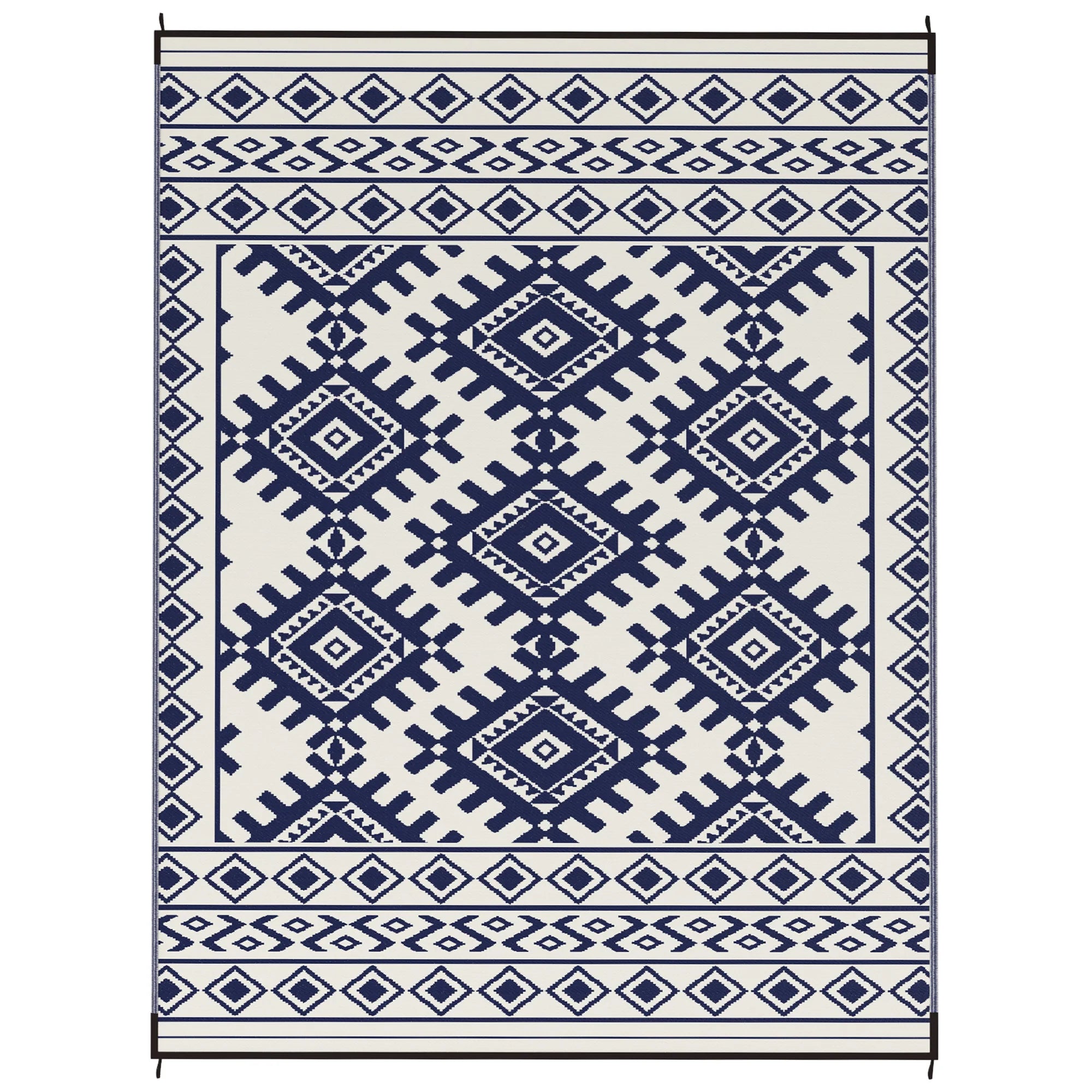 Outdoor Rug, 9' x 12' Floor Mat, Blue White Rhombus Border