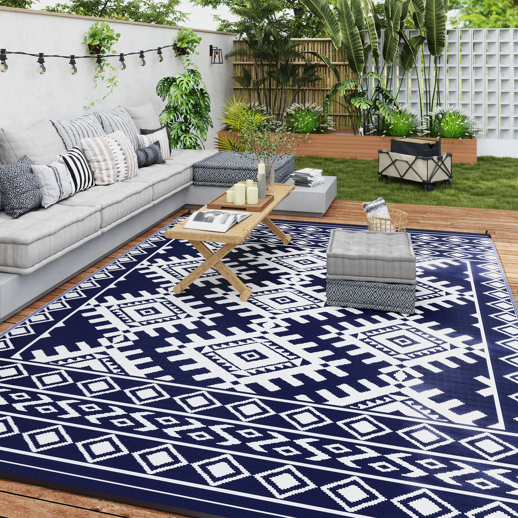 Outdoor Rug, 9' x 12' Floor Mat, Blue White Rhombus Border