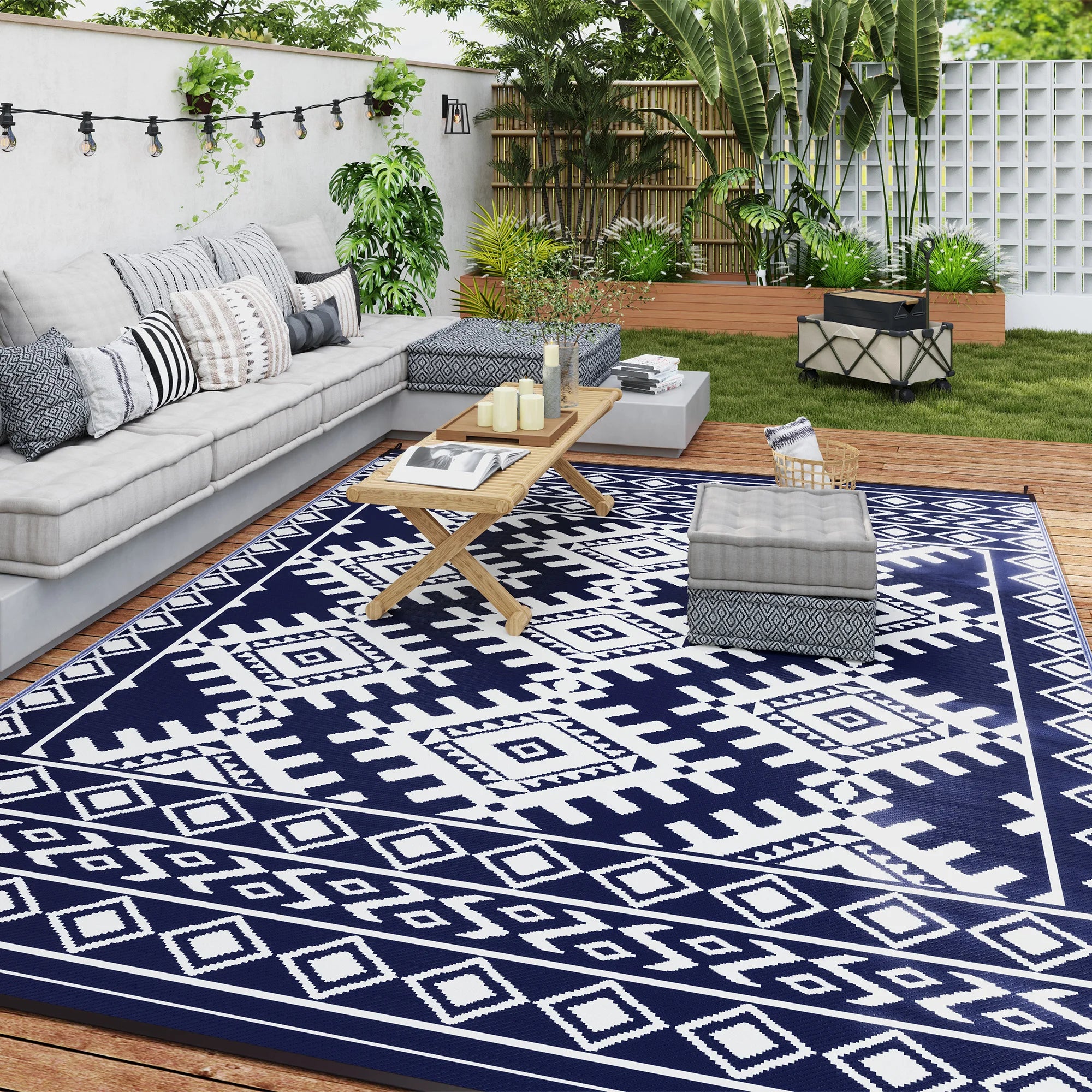 Outdoor Rug, 9' x 12' Floor Mat, Blue White Rhombus Border