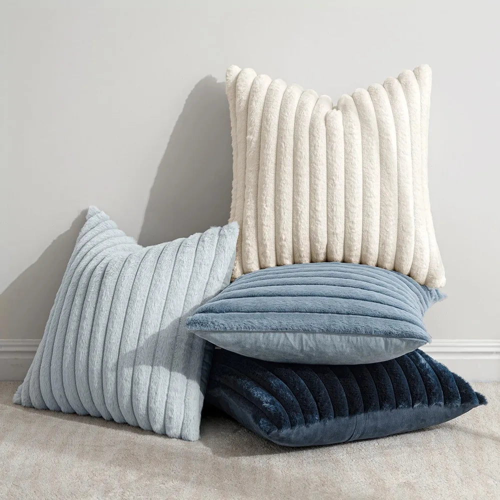 Throw Pillow Covers 18x18 Set of 4, Soft Fuzzy Striped
