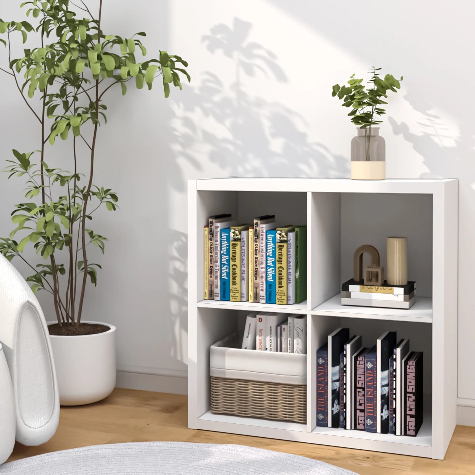Thick Wooden Frame 4 Cube Storage Organizer Shelf with Anti-Tipping Kits, Reversible Open Back, Horizontal & Vertical Dual-Use. Ideal for  multi-use