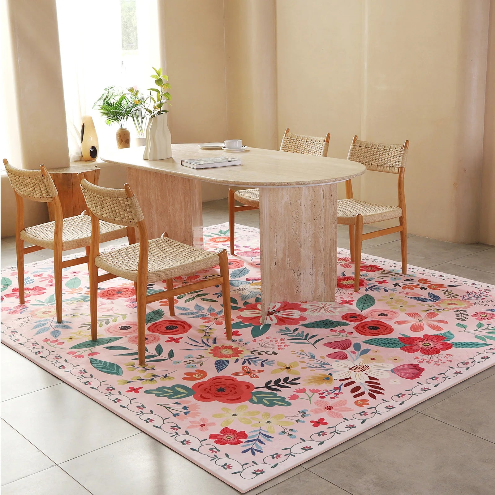 8' X 10' Washable Rug Boho Floral Rug Low Pile Indoor Carpet Non Slip Floor Carpet for Large Living Room Bedroom