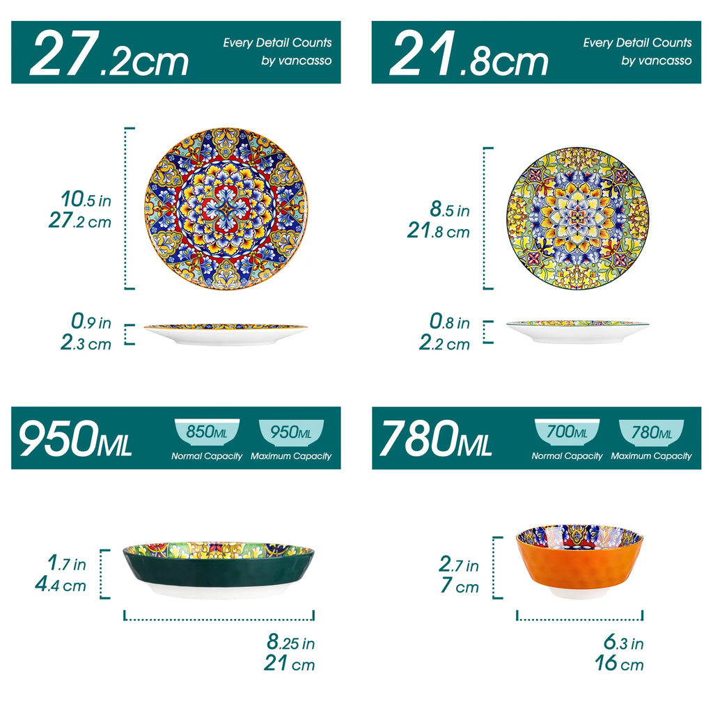 24 PCS Ceramic Dinnerware Set Porcelain Bohemian Style Dinner/Dessert Plate/Cereal/Pasta Bowl For 6