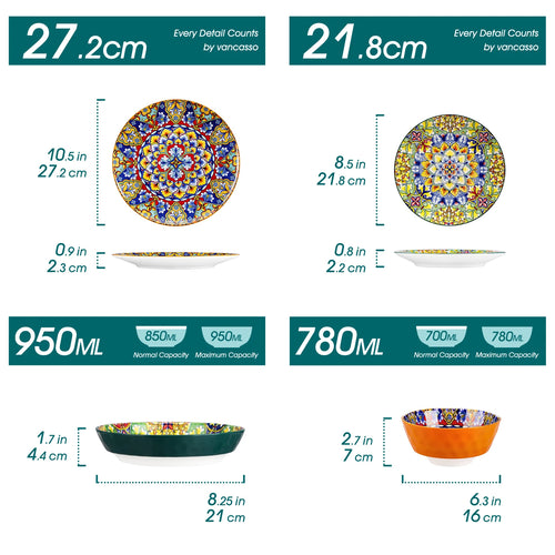 24 PCS Ceramic Dinnerware Set Porcelain Bohemian Style Dinner/Dessert Plate/Cereal/Pasta Bowl For 6