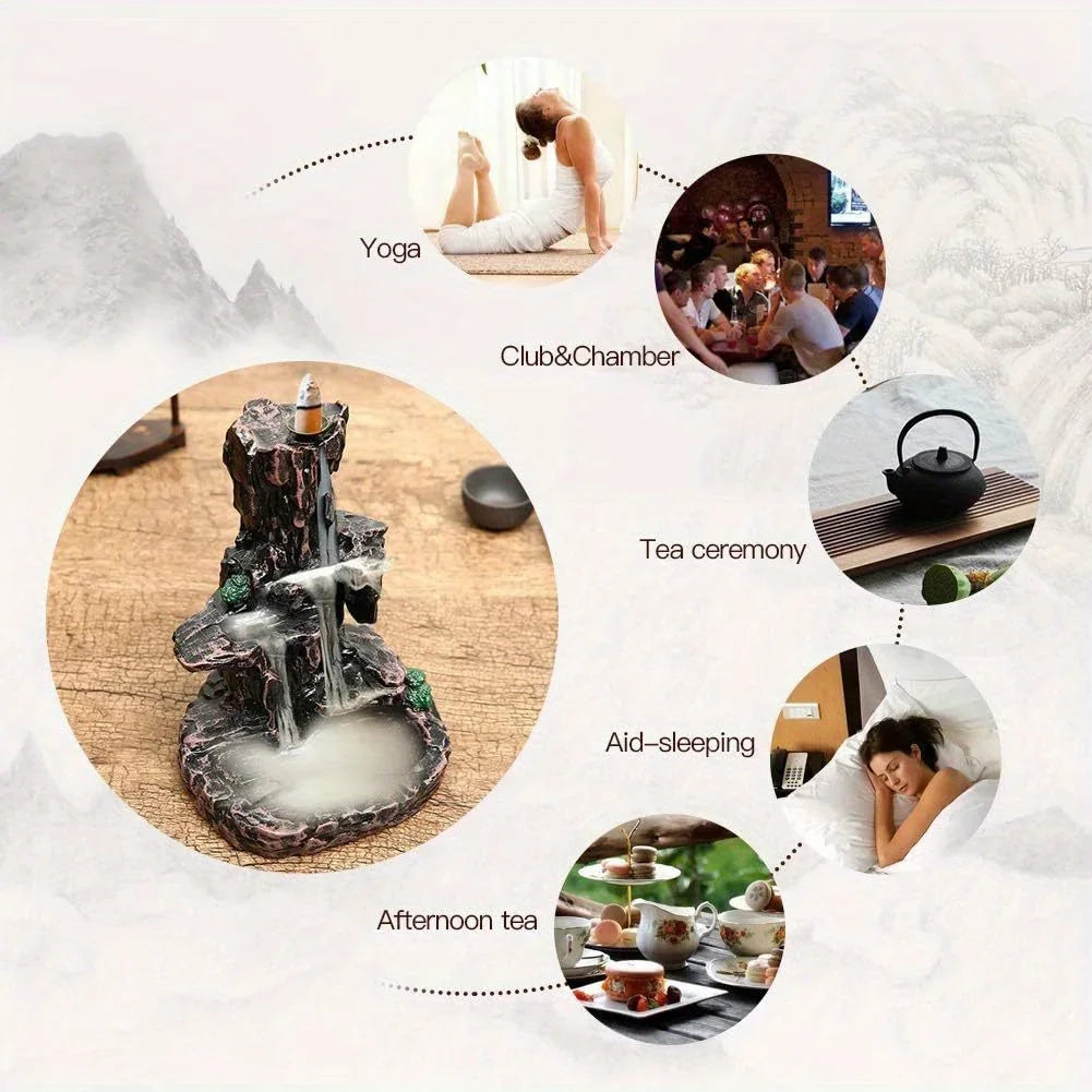 Waterfall Monk Incense Burner Mountain Tower Stone Brown