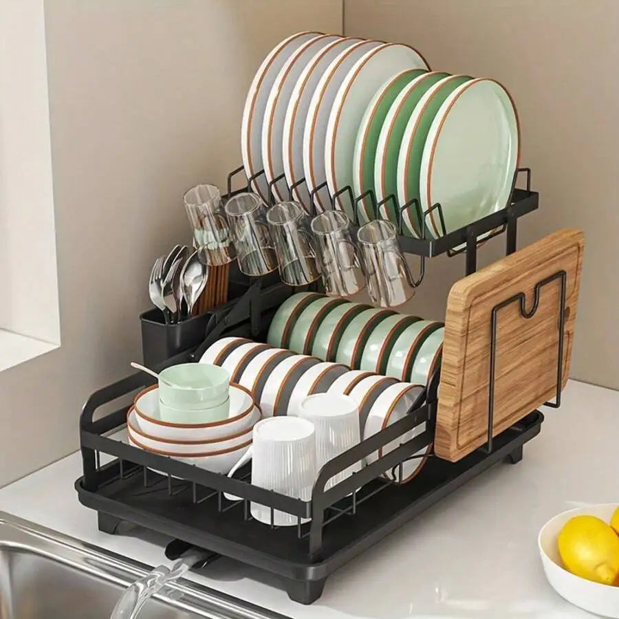 Stainless Steel Rust Proof Metal Dish Drying Rack 2 Tier Large Capacity  Automatic Drainage