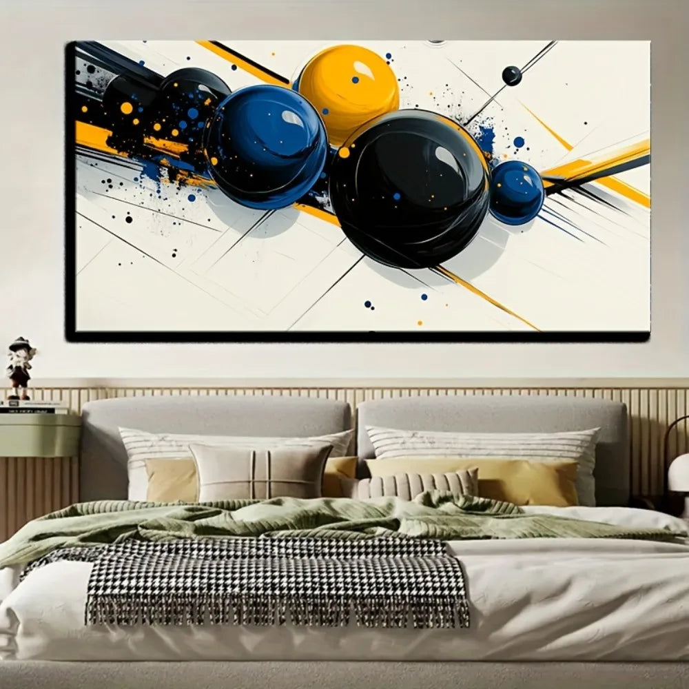 Modern, abstract wall art decoration, blue and yellow spheres  1.5 inch thick pine solid wood frame
