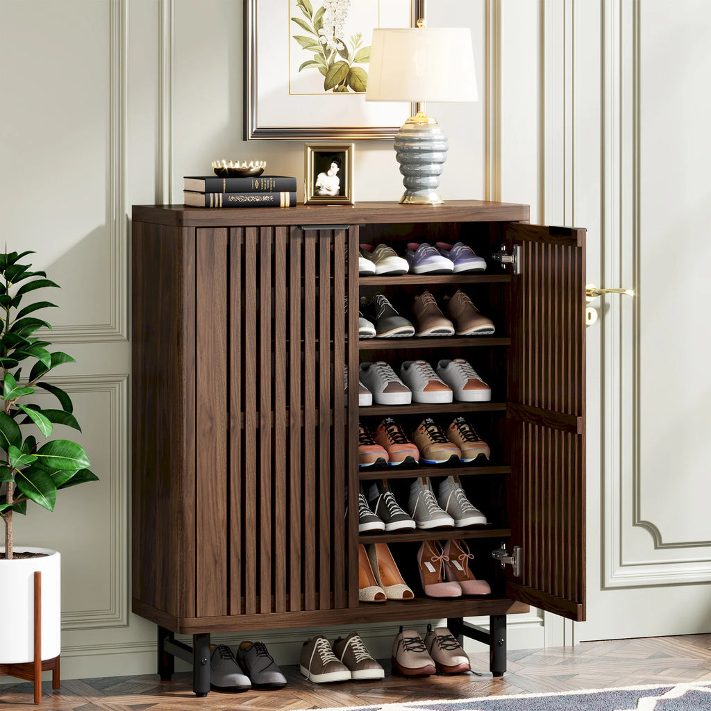 6-Tier Shoe Cabinet with Louvered Doors, Large Wooden Shoe Storage Cabinet with Adjustable Shelves