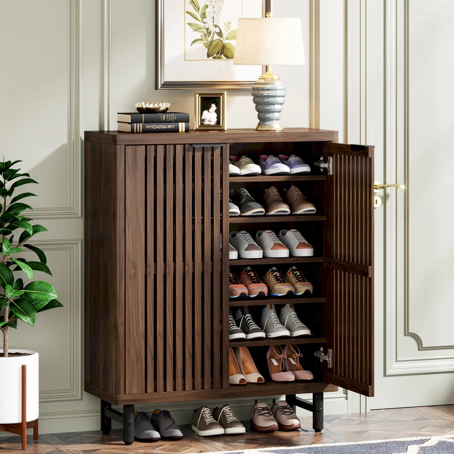 6-Tier Shoe Cabinet with Louvered Doors, Large Wooden Shoe Storage Cabinet with Adjustable Shelves