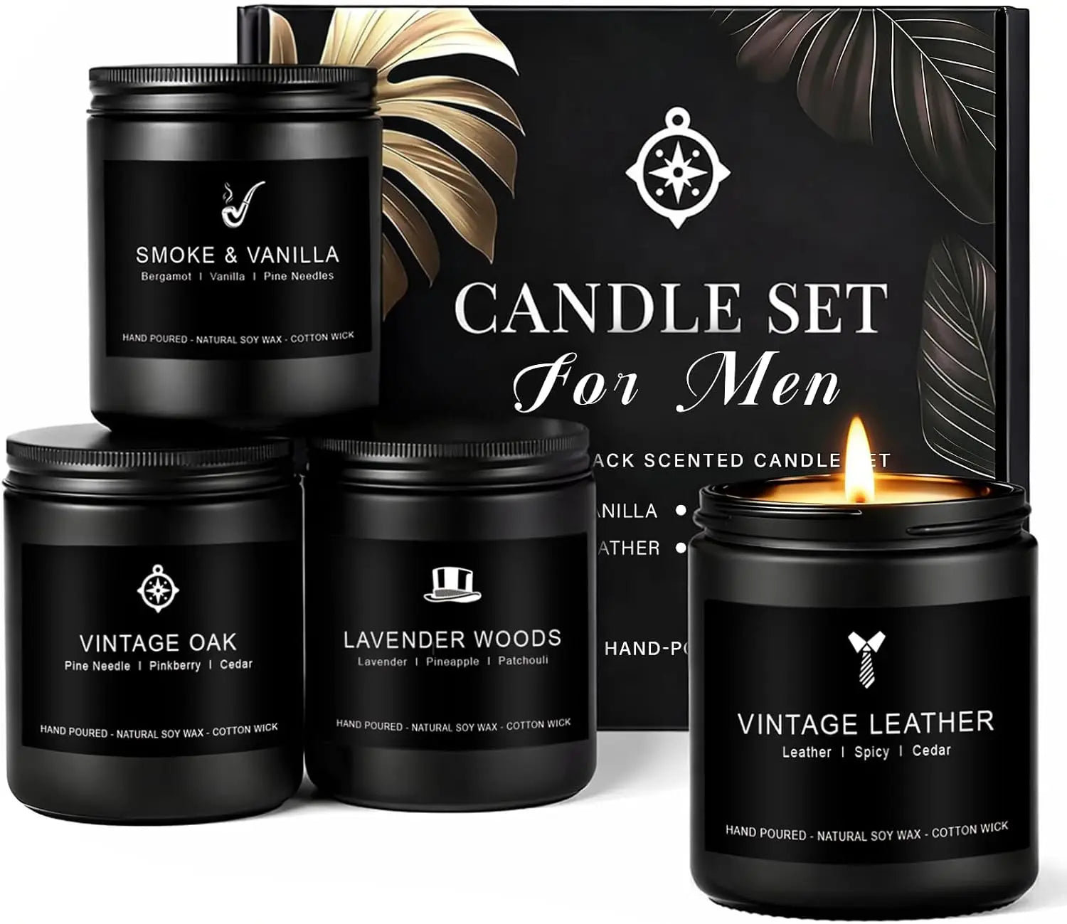 4-Pack Masculine Soy Candles for Men: Leather, Smoke, Oak & Lavender - 200hr Burn Time
