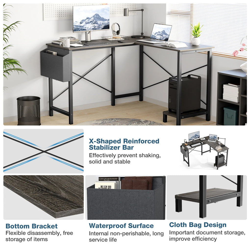 Corner 50 Inch Office Writing PC Wooden Table with CPU Storage Shelf & Side Bag Multi-use