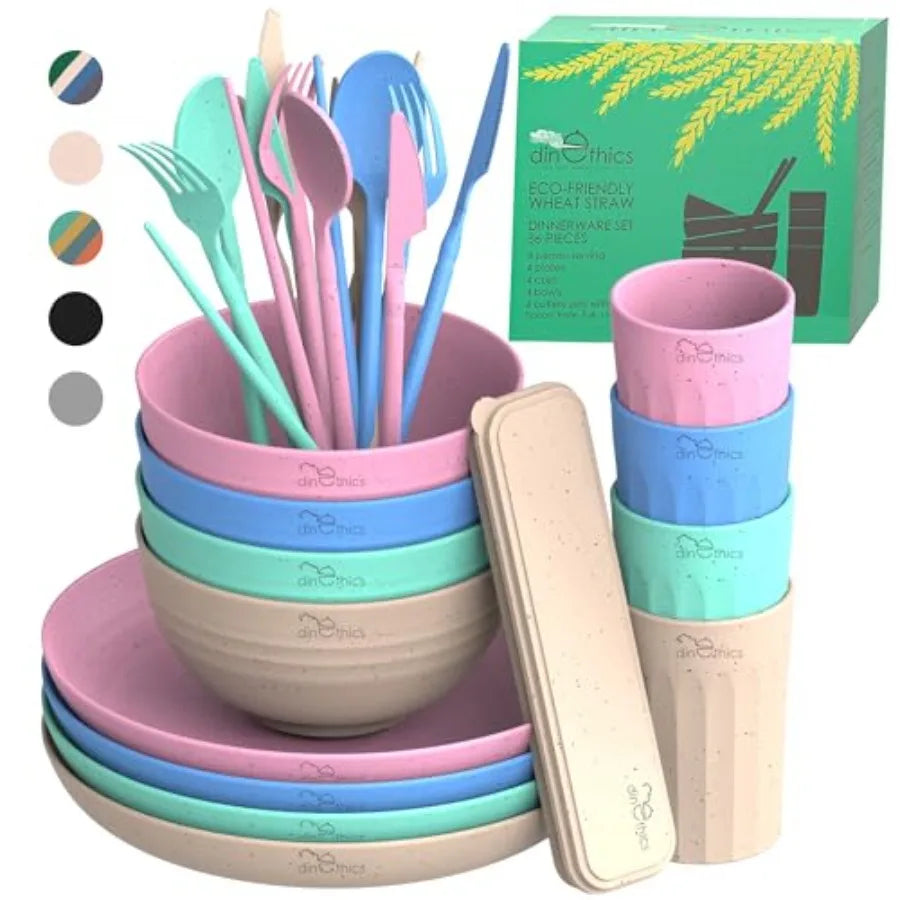Wheat Straw Dinnerware Sets For 4 - Camping Plates Cups And Bowls Set - Dishwasher Microwave Safe Dishes